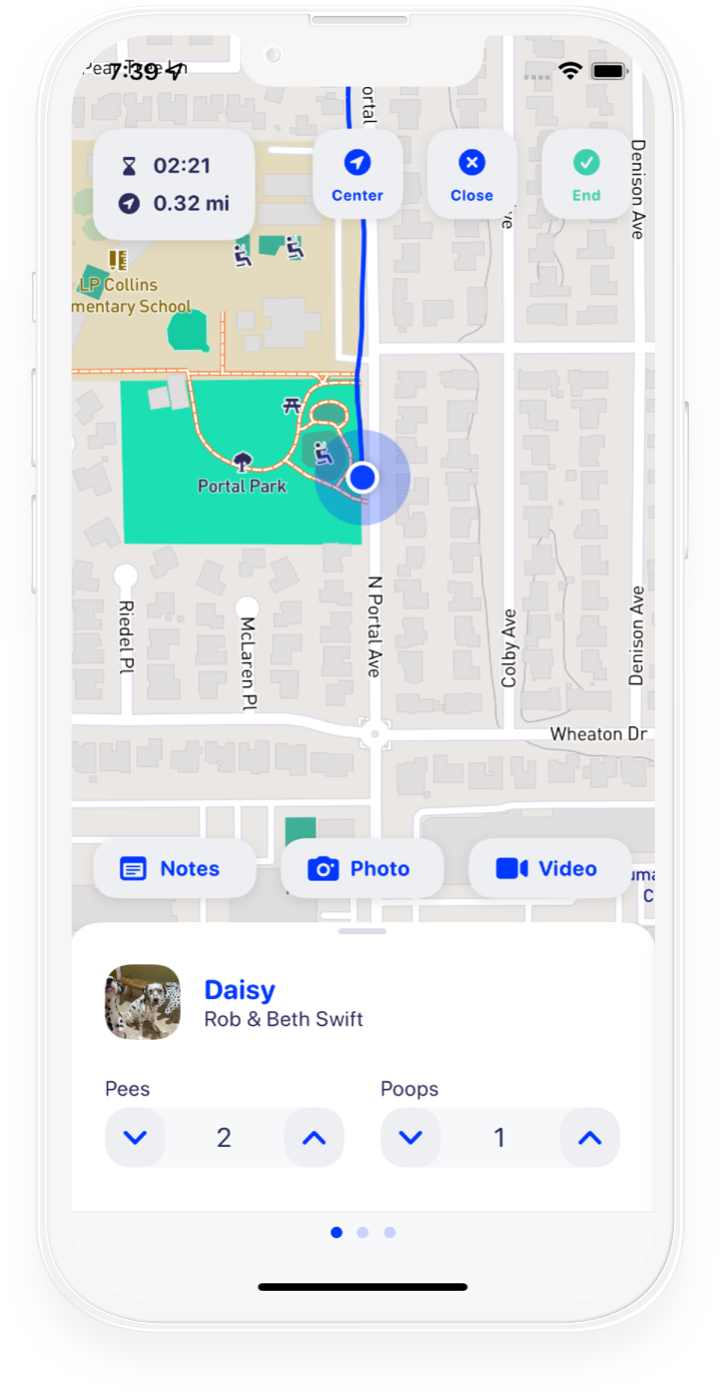 A screenshot of the Walkies app's live walk tracking feature. It shows a map with the dog's real-time location and route, along with the duration and distance of the walk. Pet owners can also see detailed reports, including potty breaks, for a complete overview of their dog's adventure.