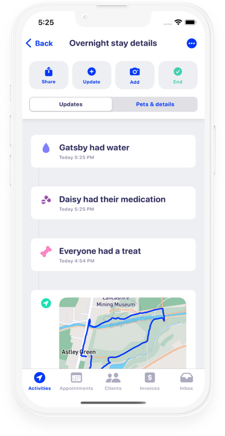 A screenshot of the Walkies app showing overnight stay details. The screen provides real-time updates on a pet's care, including when they've had water, medication, and treats. It also displays a map of their recent walk, giving owners complete peace of mind.
